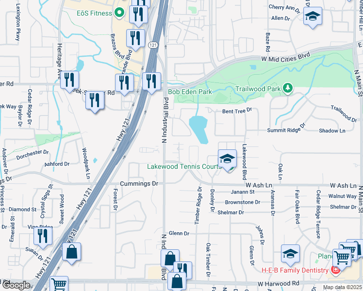 map of restaurants, bars, coffee shops, grocery stores, and more near 1050 West Ash Lane in Euless