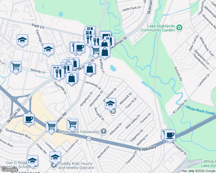 map of restaurants, bars, coffee shops, grocery stores, and more near 7024 Winchester Street in Dallas