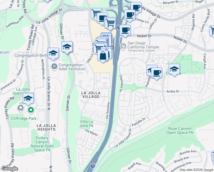 map of restaurants, bars, coffee shops, grocery stores, and more near 8637 Via Mallorca in San Diego
