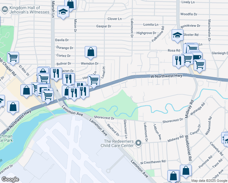 map of restaurants, bars, coffee shops, grocery stores, and more near 3959 Sherwood Forest Drive in Dallas