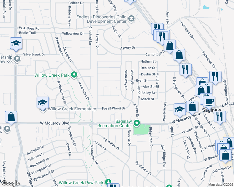 map of restaurants, bars, coffee shops, grocery stores, and more near 612 Piper Drive in Saginaw