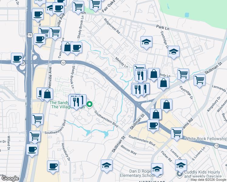 map of restaurants, bars, coffee shops, grocery stores, and more near 8587 Southwestern Boulevard in Dallas