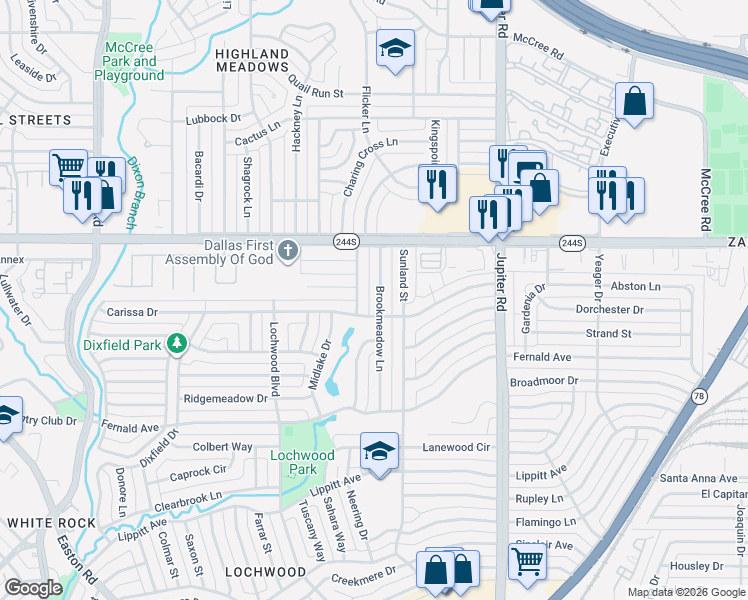 map of restaurants, bars, coffee shops, grocery stores, and more near 12215 Brookmeadow Lane in Dallas