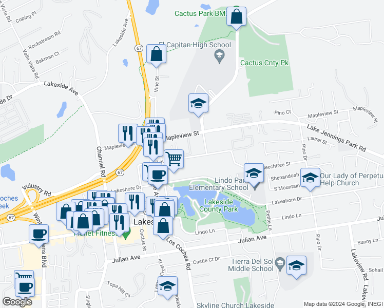 map of restaurants, bars, coffee shops, grocery stores, and more near 12618 Laurel Street in Lakeside