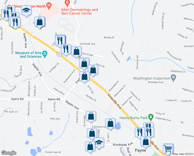 map of restaurants, bars, coffee shops, grocery stores, and more near 3764 Ridge Avenue in Macon