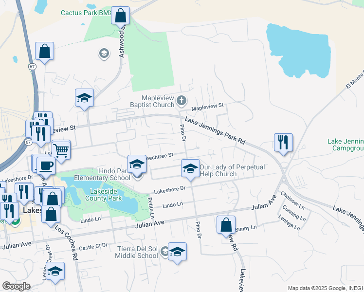 map of restaurants, bars, coffee shops, grocery stores, and more near 10020 Pino Drive in Lakeside