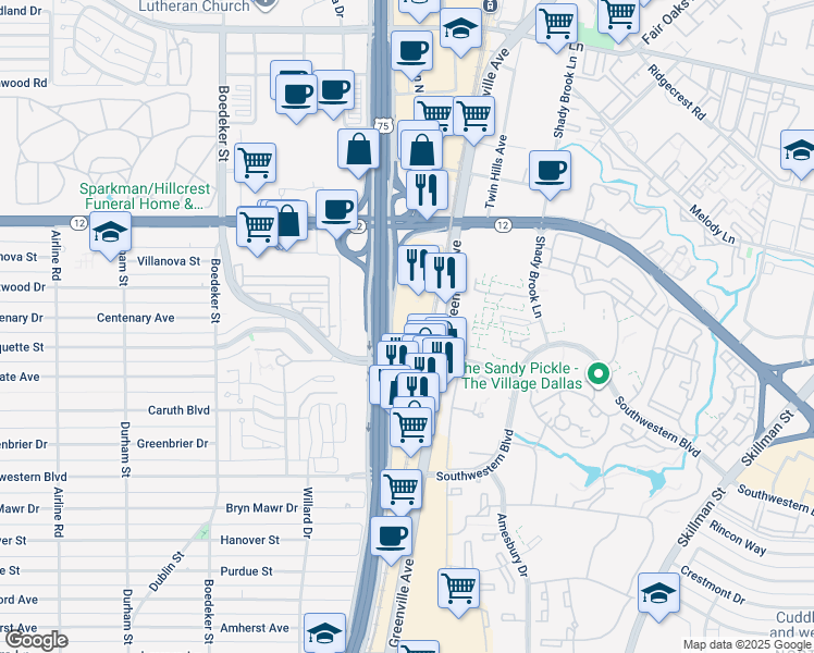map of restaurants, bars, coffee shops, grocery stores, and more near 8150 North Central Expressway in Dallas