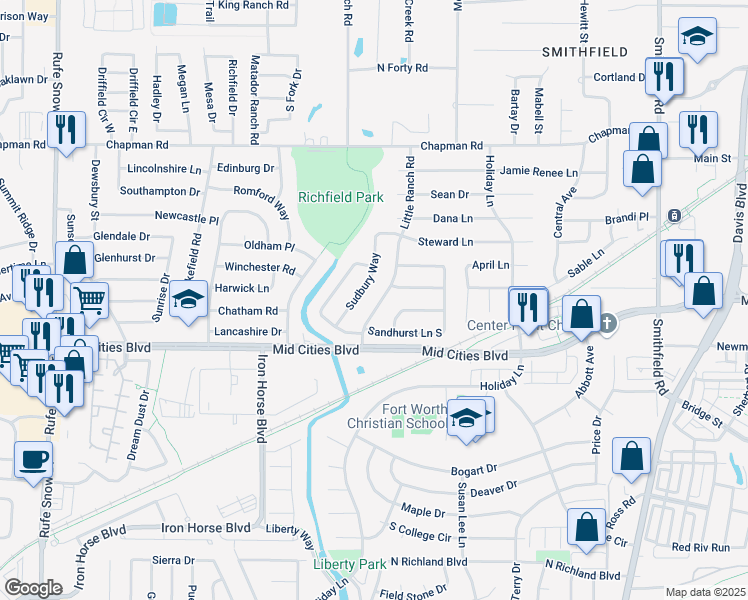 map of restaurants, bars, coffee shops, grocery stores, and more near 6401 Little Ranch Road in North Richland Hills