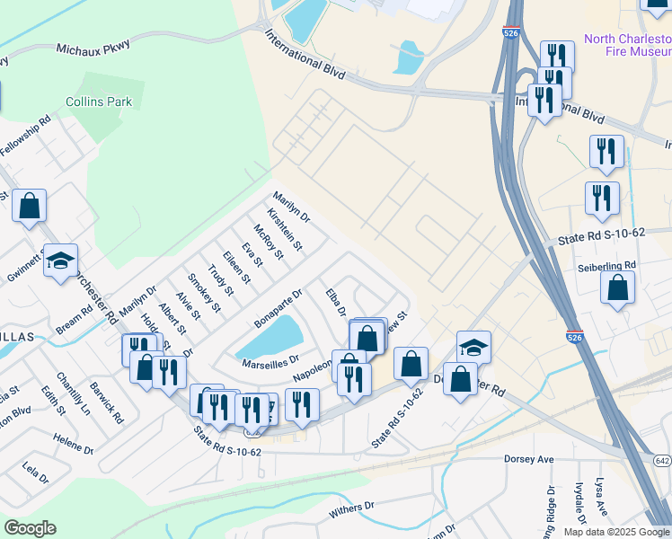 map of restaurants, bars, coffee shops, grocery stores, and more near 4045 Bonaparte Drive in North Charleston
