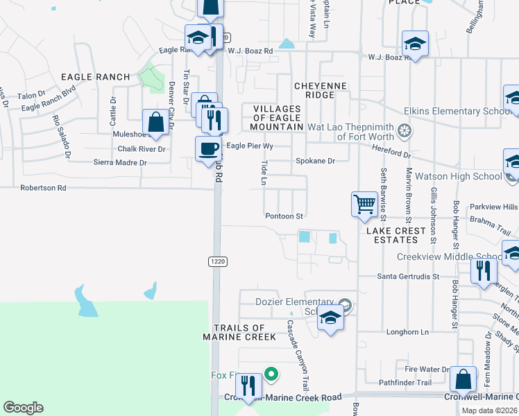 map of restaurants, bars, coffee shops, grocery stores, and more near 6913 Tide Lane in Fort Worth