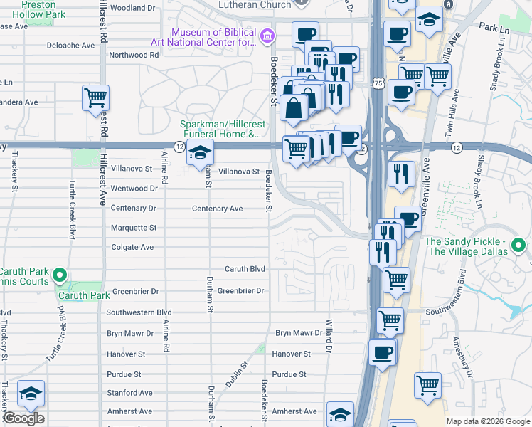 map of restaurants, bars, coffee shops, grocery stores, and more near 7542 Centenary Avenue in Dallas
