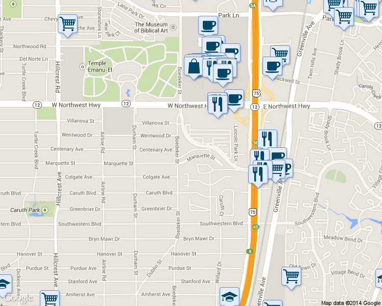 map of restaurants, bars, coffee shops, grocery stores, and more near 7631 Marquette St in Dallas