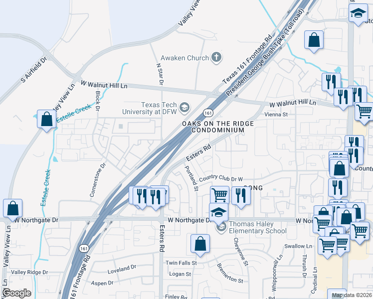 map of restaurants, bars, coffee shops, grocery stores, and more near 21 Sumayyah Drive in Irving