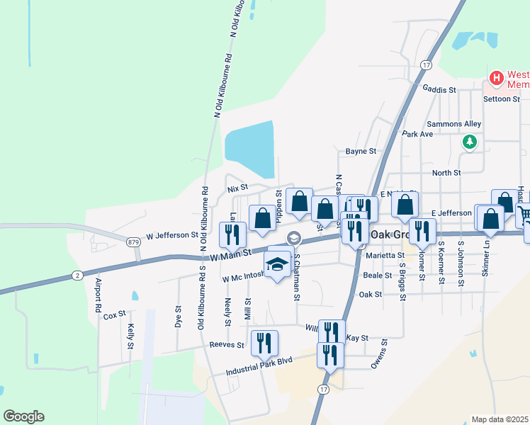 map of restaurants, bars, coffee shops, grocery stores, and more near 212 Cheatham Street in Oak Grove