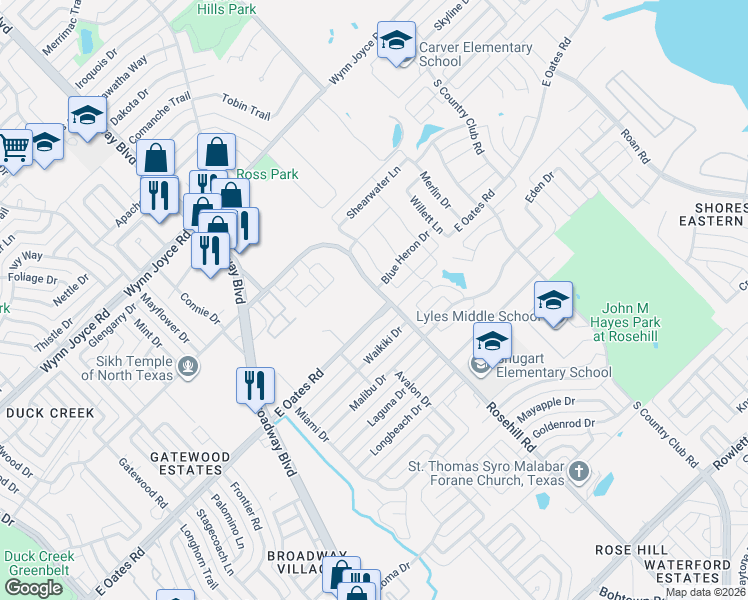 map of restaurants, bars, coffee shops, grocery stores, and more near 917 East Oates Road in Garland