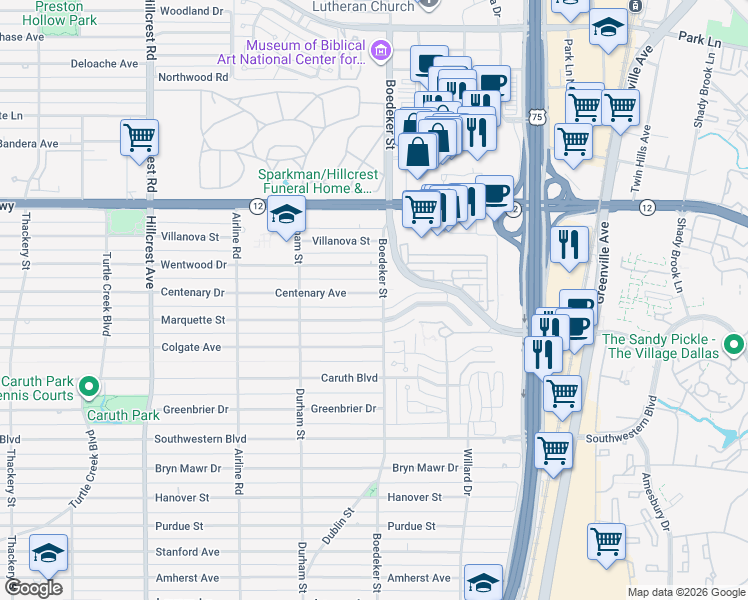 map of restaurants, bars, coffee shops, grocery stores, and more near 7538 Centenary Avenue in Dallas