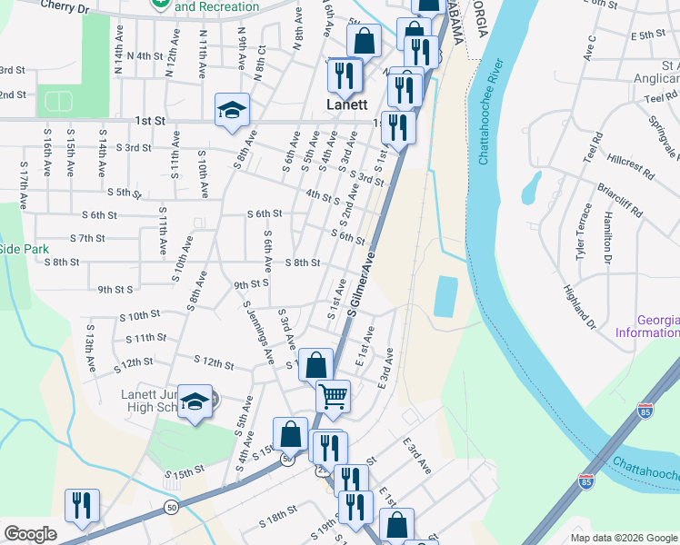 map of restaurants, bars, coffee shops, grocery stores, and more near 804 South 1st Avenue in Lanett