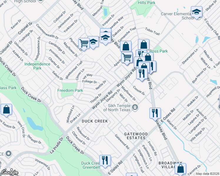 map of restaurants, bars, coffee shops, grocery stores, and more near 502 Wynn Joyce Road in Garland