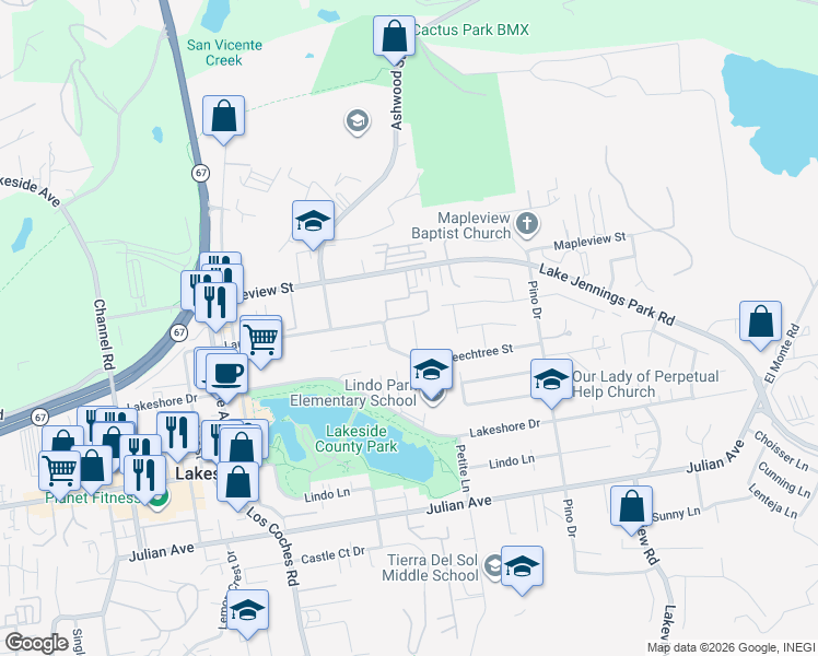 map of restaurants, bars, coffee shops, grocery stores, and more near 10038 Tamil Road in Lakeside