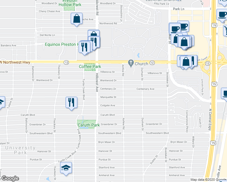 map of restaurants, bars, coffee shops, grocery stores, and more near 3221 Centenary Avenue in Dallas