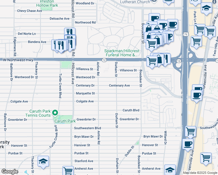 map of restaurants, bars, coffee shops, grocery stores, and more near 7302 Centenary Avenue in Dallas