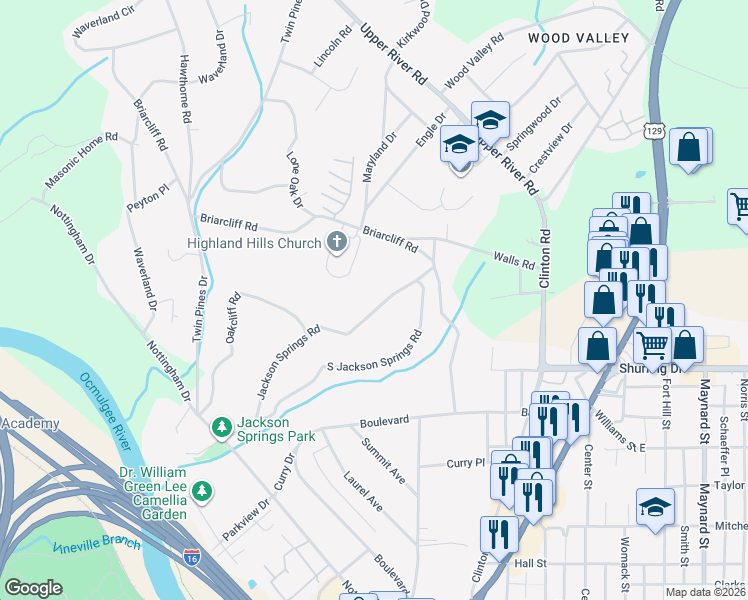 map of restaurants, bars, coffee shops, grocery stores, and more near 1260 Jackson Springs Road in Macon