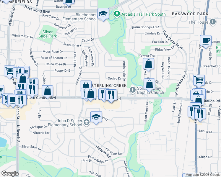 map of restaurants, bars, coffee shops, grocery stores, and more near 6725 Armstrong Ct in Fort Worth