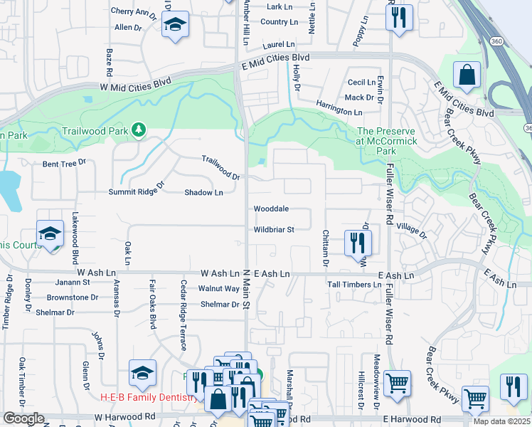 map of restaurants, bars, coffee shops, grocery stores, and more near 1706 Pleasant Trail in Euless
