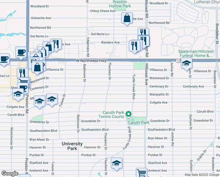 map of restaurants, bars, coffee shops, grocery stores, and more near 3557 Centenary Avenue in Dallas