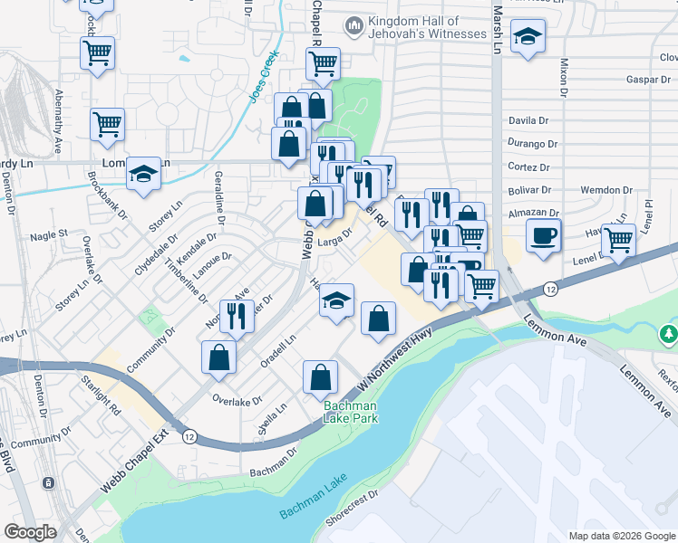 map of restaurants, bars, coffee shops, grocery stores, and more near 3330 Webb Chapel Extension in Dallas