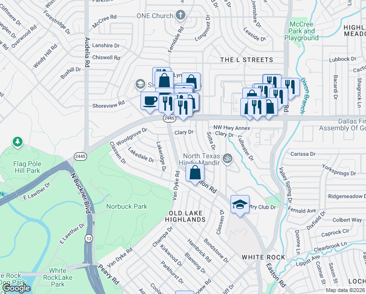 map of restaurants, bars, coffee shops, grocery stores, and more near 159 Leda Drive in Dallas