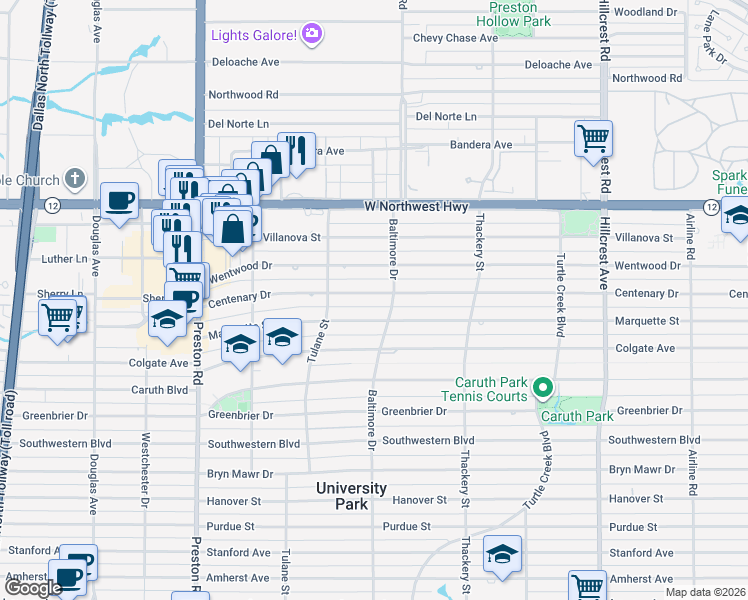 map of restaurants, bars, coffee shops, grocery stores, and more near 3809 Centenary Avenue in Dallas
