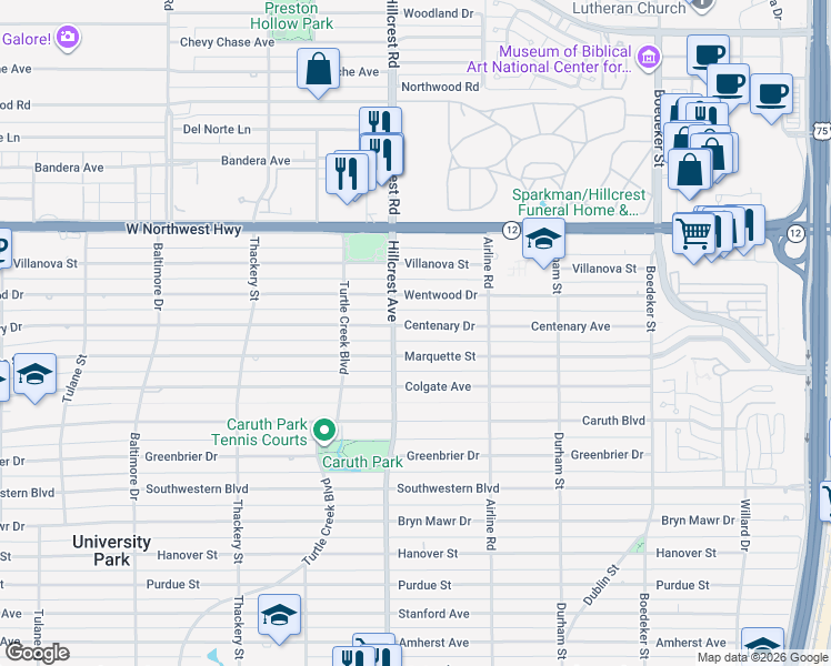 map of restaurants, bars, coffee shops, grocery stores, and more near 3309 Centenary Avenue in Dallas