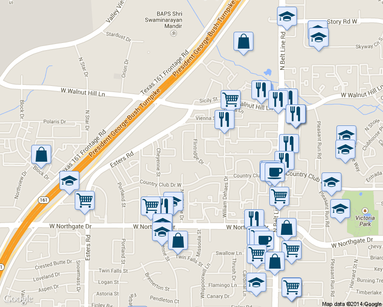 map of restaurants, bars, coffee shops, grocery stores, and more near 3905 Flintridge Dr in Irving