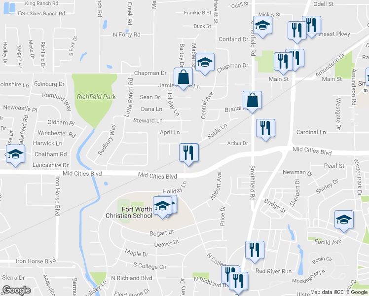 map of restaurants, bars, coffee shops, grocery stores, and more near 6320 Holiday Lane in North Richland Hills