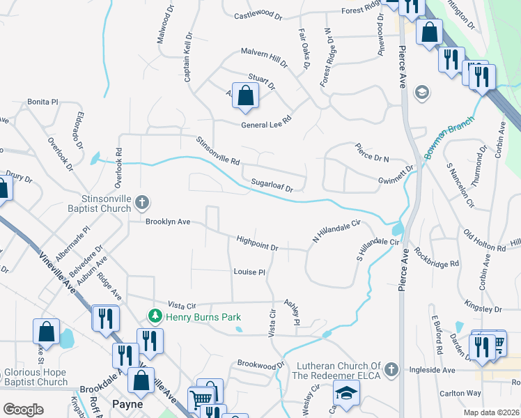 map of restaurants, bars, coffee shops, grocery stores, and more near 610 Laverne Place in Macon