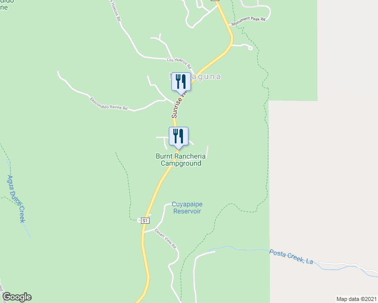 map of restaurants, bars, coffee shops, grocery stores, and more near 10507 Sunrise Highway in Mount Laguna