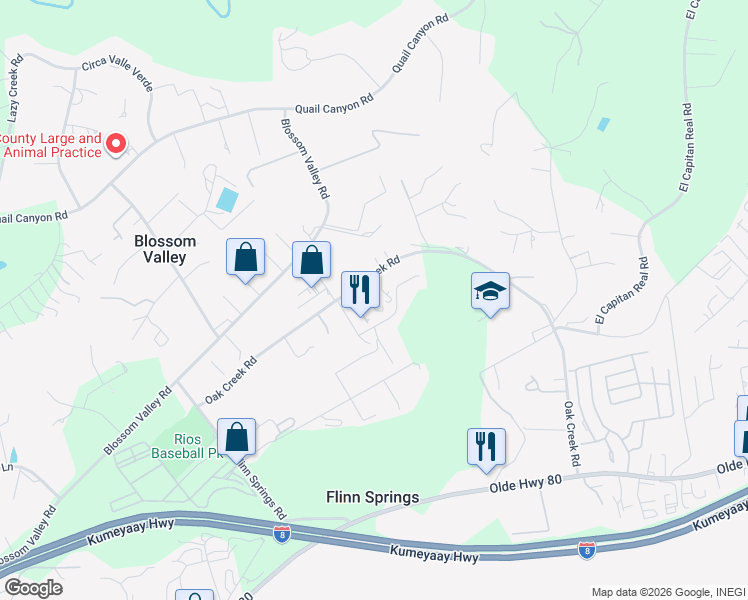 map of restaurants, bars, coffee shops, grocery stores, and more near 15011 Oak Creek Road in El Cajon