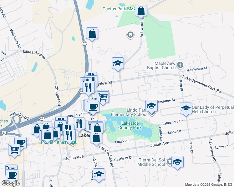 map of restaurants, bars, coffee shops, grocery stores, and more near 12618 Laurel Street in Lakeside