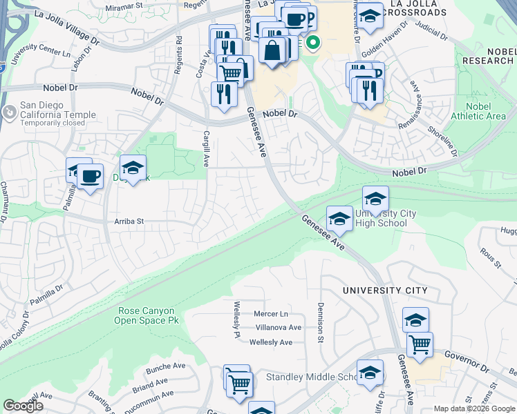 map of restaurants, bars, coffee shops, grocery stores, and more near 7873 Camino Kiosco in San Diego