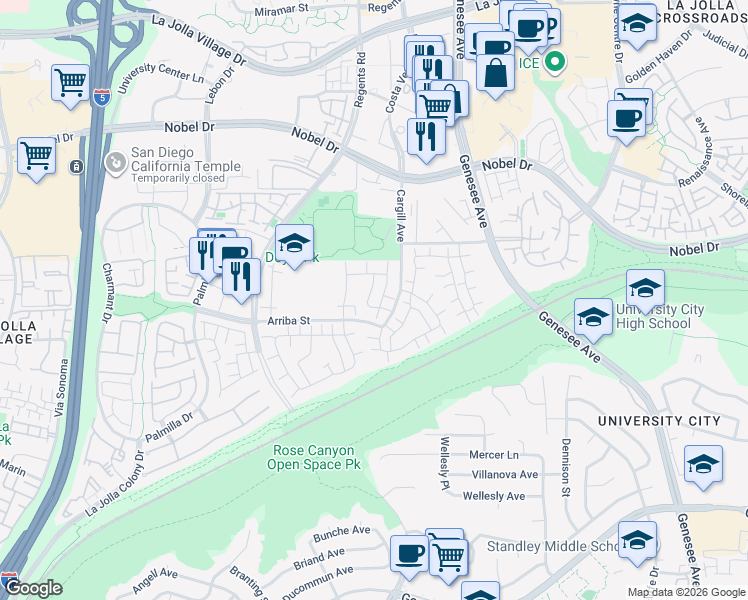 map of restaurants, bars, coffee shops, grocery stores, and more near 7955 Playmor Terrace in San Diego
