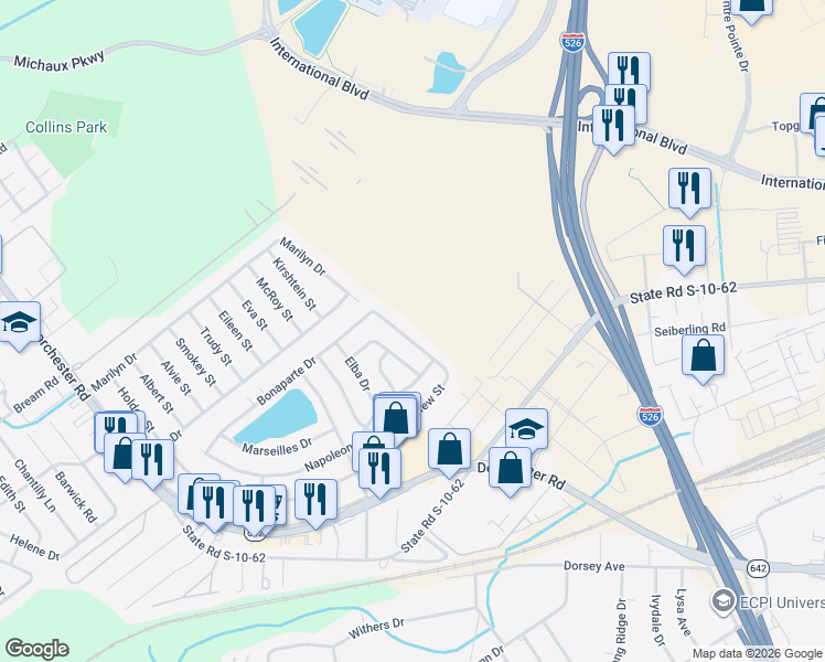 map of restaurants, bars, coffee shops, grocery stores, and more near 5048 Westview Street in North Charleston