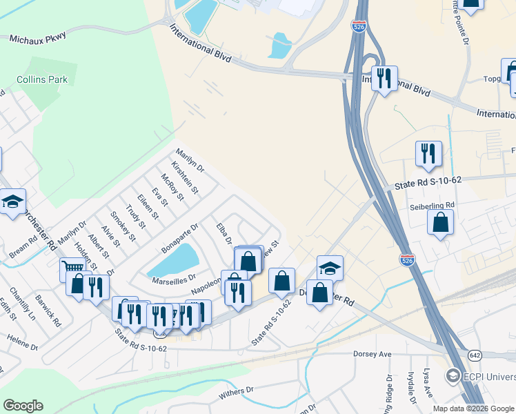 map of restaurants, bars, coffee shops, grocery stores, and more near 5048 Westview Street in North Charleston