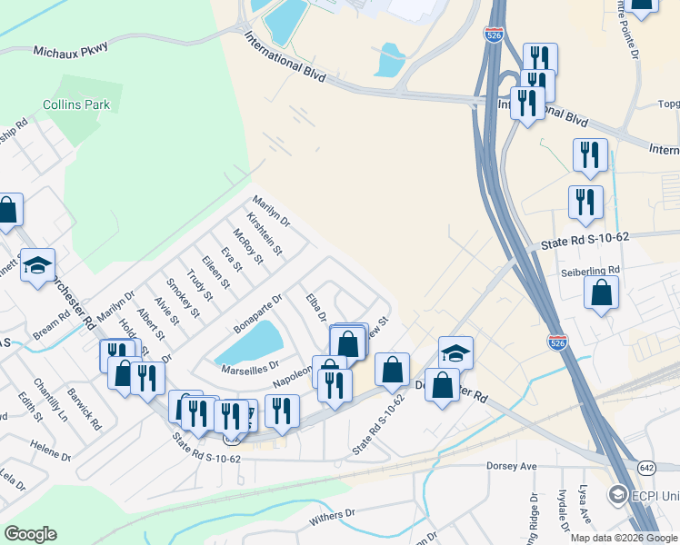map of restaurants, bars, coffee shops, grocery stores, and more near 5048 Westview Street in North Charleston