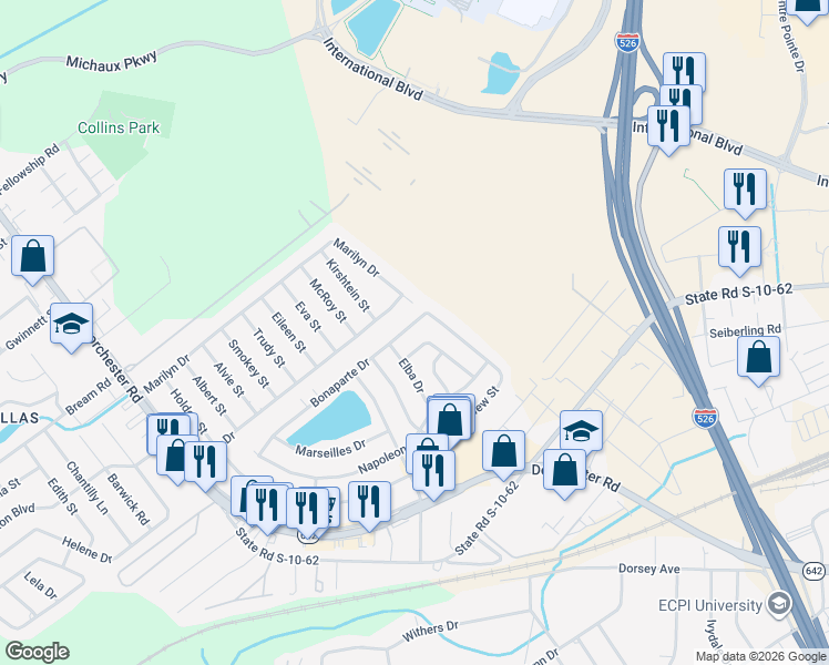 map of restaurants, bars, coffee shops, grocery stores, and more near 4045 Bonaparte Drive in North Charleston