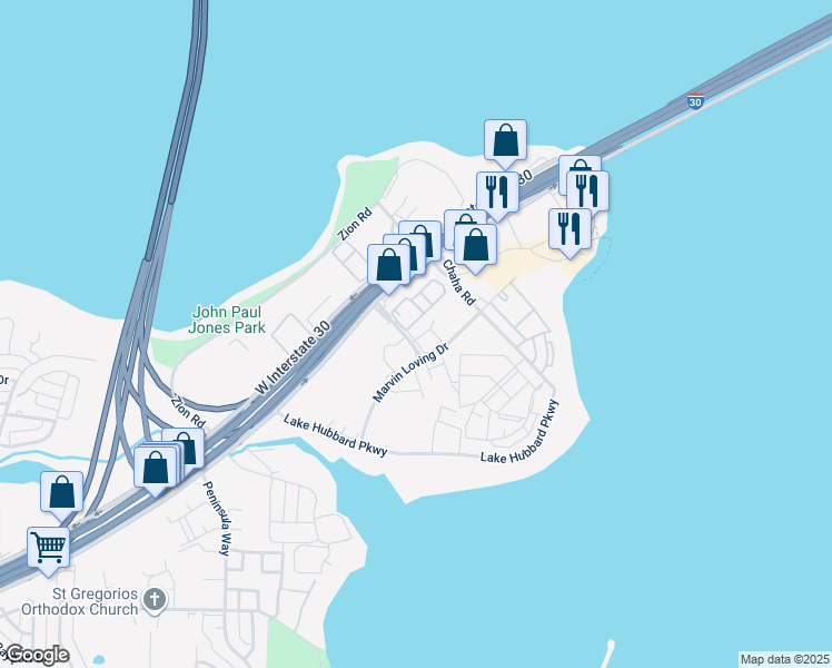 map of restaurants, bars, coffee shops, grocery stores, and more near 4426 Point Boulevard in Garland