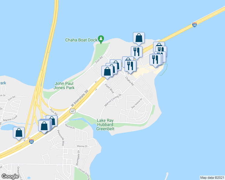 map of restaurants, bars, coffee shops, grocery stores, and more near 4426 Point Boulevard in Garland
