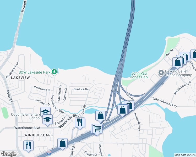map of restaurants, bars, coffee shops, grocery stores, and more near 4521 Zion Rd in Garland