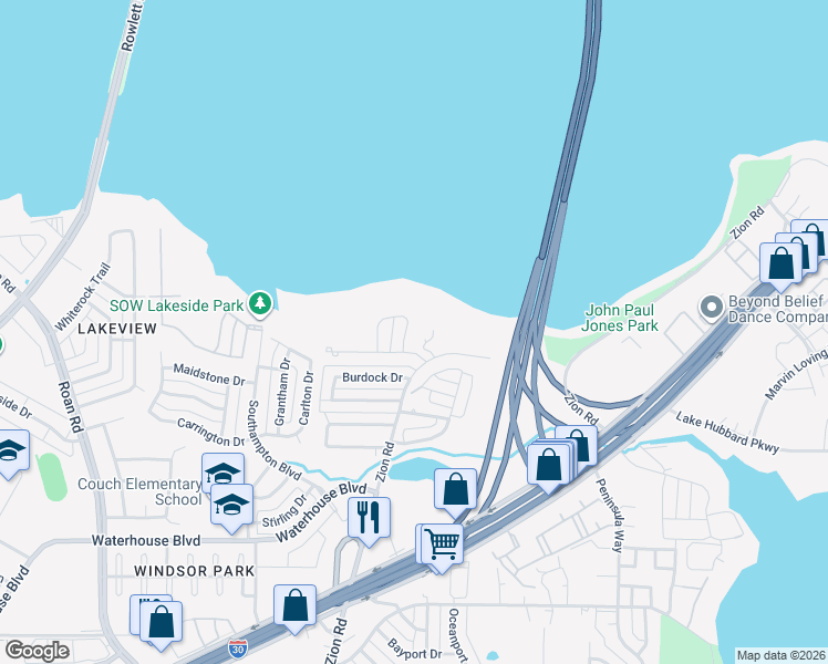 map of restaurants, bars, coffee shops, grocery stores, and more near 4410 Scenic Circle in Garland