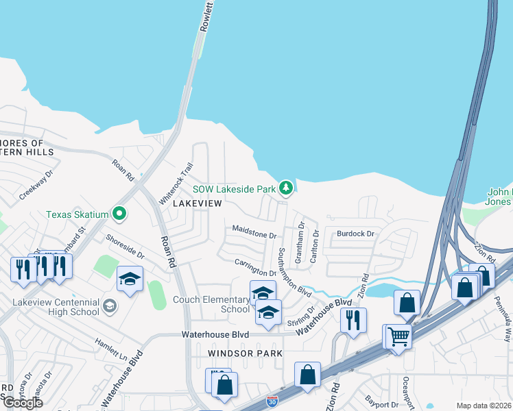 map of restaurants, bars, coffee shops, grocery stores, and more near 4310-4314 Exeter Drive in Garland